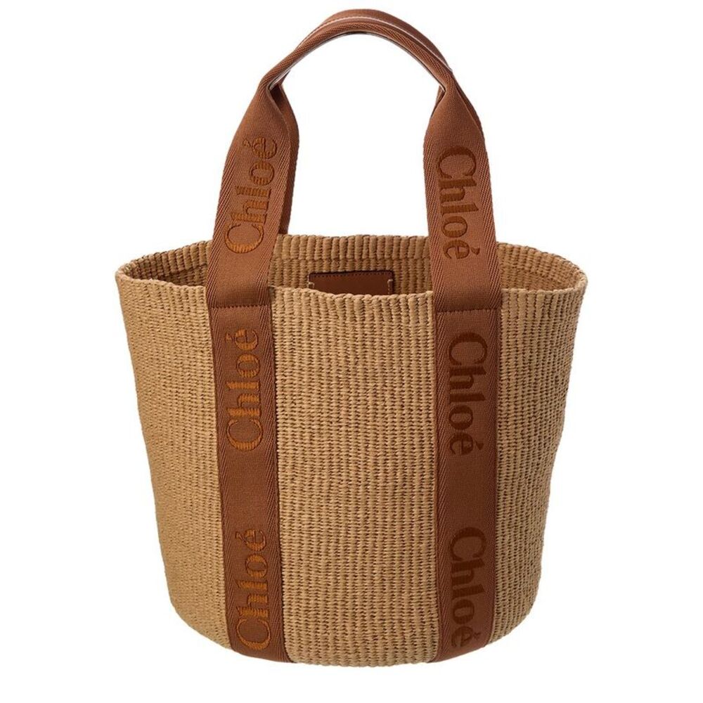 Chloé Woody Large Raffia & Canvas Basket Tote, Brown